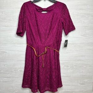 LOFT Fuchsia Lace Mini Dress with Bow and Belt
